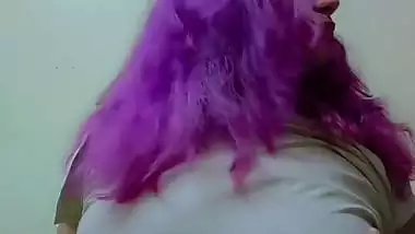 Purple head desi girl holding huge milk tankers